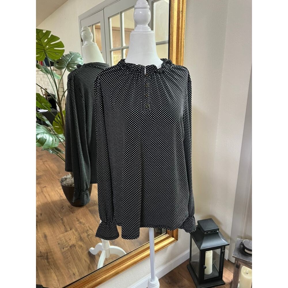 Adrianna Papell Women’s Blouse Large Black White Polka Dot Ruffle Neck Sz Large